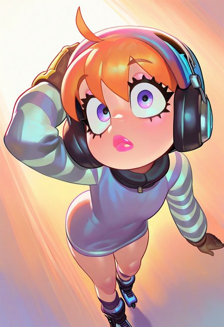 ZolicPSTL_ST, masterpiece, best quality, very aesthetic, high resolution, ultra-detailed, absurdres, newest, extremely detailed eyes, beautiful, perfect lighting, hi res, amazing quality, very awa, Brightly Lit, Highly Visible, 8k, sharp focus, beautiful, perfect lighting, volumetric lighting, scenery, painting_(artwork), 1girl, helmet, looking at viewer, striped sleeves, short hair, orange hair, short dress, gloves, roller skates, lips, looking up, thighs, chromatic aberration, simple background, headphones, lying, from above
