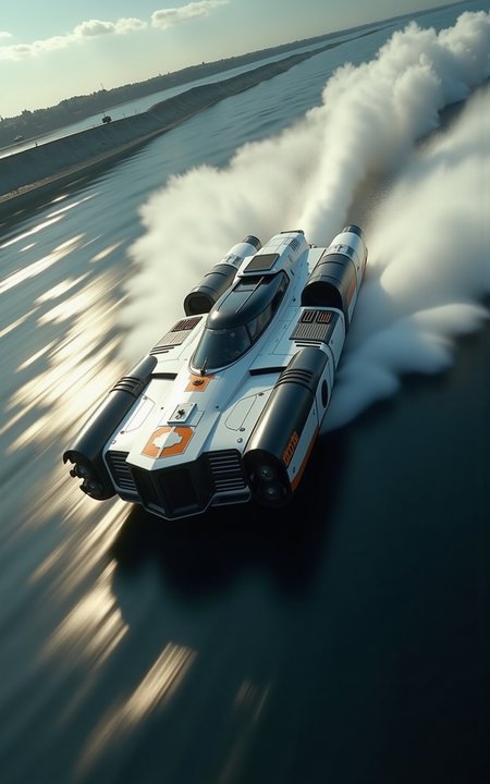 close up of a futuristic bulky square metal space ship passing by, with a lot of details and a big air inlet on the front, hovering over water, creating enormous splashes of and ripples in the water, the feel of speed is extreme, motion blur, white and black colors with some orange accents, high depth of field, dramatic light, cinematic scene，

highly detailed,ultra-high resolution,32K UHD,sharp focus,best-quality,masterpiece,unconventional supreme masterpiece,masterful details,depth of field,blurry background,blurry foreground,motion blur,going really fast masterpiece,deep focus,
color  graded cinematic,atmospheric  lighting,award  film grain,A shot with tension,(Visual impact,giving the poster a dynamic and visually striking appearance:1.2),impactful picture,
ultra-realistic,high dynamic range,photoreal,epic realistic,dark shot,shadows,(This is a real high-definition photo:1.1),with professional photography and high resolution，
contrast,layered colors,vivid colors,contrast,offcial art,movie perspective,very aesthetic,disheveled hair,perfect composition,intricate details,moody,epic,photorealistic,
intricate details,soothing tones,high contrast,natural skin texture,soft light,sharp,masterpiece,best quality,(ray tracing),sunlight,insanely interplay between lights and shadows,
