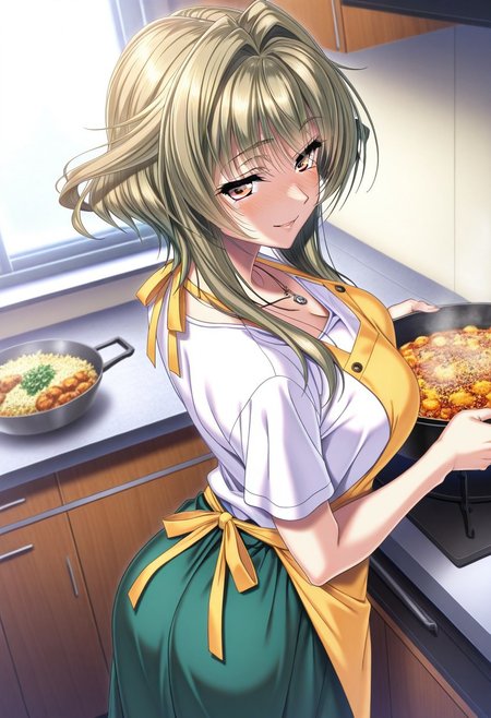 masterpiece, best quality, newest, highres, uncensored, 1girl, yokota mamoru style,1girl, slender face，motion lines,blush,torogao,looking at the viewer,seductive smile
Kanbayashi Mizuki,Blonde Yellow Hair, Intake Hair, Long Hair, Sidehair,Grey Eyes,Heterochromia, Tsurime, Violet Eyes,Medium Breasts, One Mole,Slim,Pendant Necklace
1girl,solo
1girl, solo, long hair, nake apron, cooking, from behind, skirt, kitchen, indoors, short sleeves, food, green skirt
