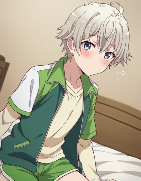 score_9, score_8_up, score_7_up, source_anime,
saikatotsuka, <lora:saika-totsuka-s2s3-ponyxl-lora-nochekaiser:1>,
saika totsuka, blue eyes, ahoge, grey hair, androgynous,
jacket, green jacket, shirt, white shirt, open jacket, shorts, green shorts, raglan sleeves,
indoors, bed, bed room, on side, blush, drunk,
looking at viewer, cowboy shot, solo, dutch angle,