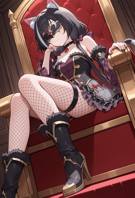 highres, best quality, masterpiece, indoors,
1girl, solo, pcrcal, black hair, streaked hair, cat ears, animal ear fluff, cat tail,
calundl, low twintails, hair bow, eye mask, black choker, black bodice, gold trim, strapless, fur trim, black sleeves, detached sleeves, wide sleeves, jewelry, belly chain, red gemstone, grey skirt, frilled skirt, layered skirt, black frills, purple frills, thigh strap, fishnet pantyhose, black nails, boots, high heels,
sitting, head rest, 
from below, dutch angle, throne,
<lora:_kyaru_pcr-elesico-ilxlC:1>