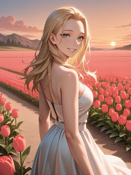 masterpiece, best quality, high resolution, very aesthetic, absurdres, newest, professional, high-quality, detailed eyes,
<lora:ILCPAlt:1.0>
CPAlt, 1girl, long hair, blonde hair, green eyes, looking at viewer, in a field of tulips, golden hour, elegant dress, smiling