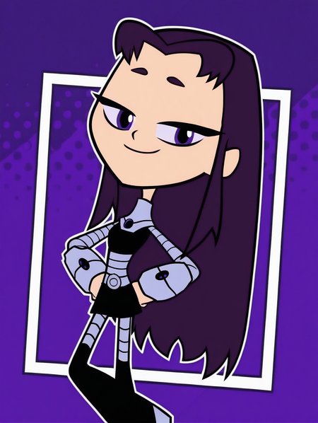 Blackfire, 1gilr, solo, long hair, dark purple hair, purple eyes, purple sclera, pale white skin, bodysuit, purple nail polish, purple eyeliner, black crop top, black miniskirt, thigh boots, armor, grey pantyhose, long sleeves, crop top, thigh boots, miniskirt, bracer, (smile, dutch angle, Hands on hips, naughty pose, looking at viewer, solo, dynamic pose, head tilt,),(( dynamic halftone dot background, stylized background, White frame, Square frame, white outline))