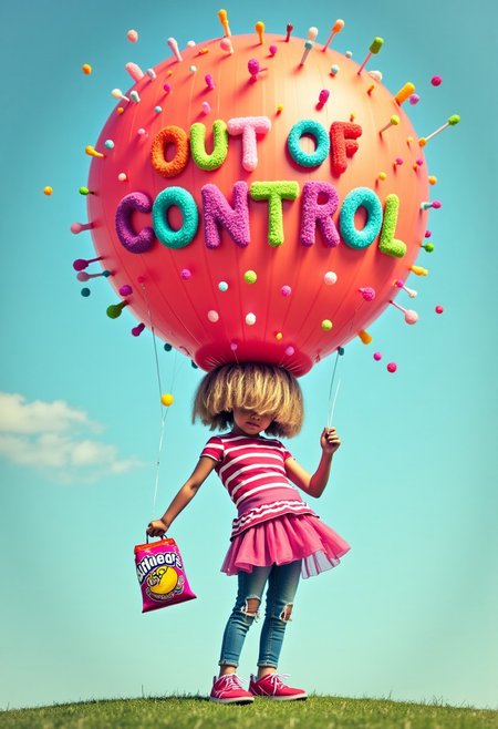 "Image of a person with a head that's inflated to a gigantic size, much larger than their body. The head is balloon-like and is causing the person to float away, with their body and limbs dangling below. The person is holding a bag of Airheads candy, with the colorful phrase "AirHeads" on it. Above the giant head, the sentence "Out Of Control" is constructed from different colored candy taffy, floating in the air. The person is gazing up at the words in a mixture of wonder and alarm, as if they're realizing their situation is spiraling out of control. Style: playful, whimsical, and humorous, with a focus on capturing the absurdity and lightheartedness of the scene." detailmaximizer