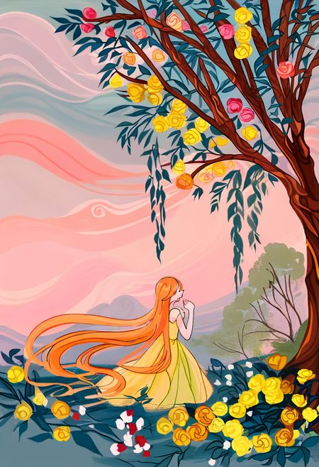 1girl, flower, long hair, solo, tree, yellow flower, dress, closed eyes, plant, very long hair, rose, leaf, yellow rose, cloud, orange hair <lora:cqtlatteXL_NBVP1_lokr_V6311P:0.95>