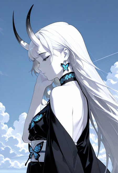 1 girl, oni, beautiful woman, ear, bangs, tucking hair, very long horns, excessively long horn, white skin, white pupils,( empty eyes:0.5),( half closed eyes:0.8), flat color, gradient horns, horns that go all the way up to the sky, horns poke at the clouds, clouds over girl, distorted shape horns, butterfly ornaments, asymmetrical horns, wavy,( see neck:0.3), side view, profile, old style,( ukiyoe:0.4), only above the neck, long shot, 
(masterpiece), best quality, amazing quality, very aesthetic, absurdres