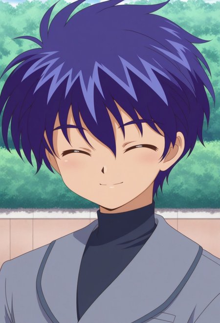 masterpiece,best quality,amazing quality, source_anime, retro artstyle,
sheido, 1boy, male focus, solo, closed eyes, blue hair, school uniform, shirt, black shirt, turtleneck, jacket, grey jacket, smile, happy, cute, portrait,
outdoor,