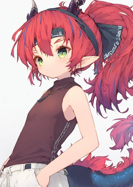 <lora:nep250131:1>,nep,boy,<lora:Yu250127:1>,yu_\(arknights\),green eyes,red hair,pointy ears,multicolored hair,dragon horns,ponytail,dragon tail,streaked hair,headband,sleeveless shirt,white pants,<lora:NOOB_vp1_detailer_by_volnovik_v1:1>,<lora:noobai_ep11_stabilizer_v0.138_fp16:1>,