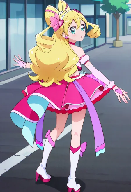 masterpiece, best quality, absurdres, very aesthetic, general,
cure idol, 1girl, blonde hair, solo, blue eyes, knee boots, hair bow, pink bow, drill hair, earrings, wrist cuffs, open mouth, detached sleeves, :o, full body, pink skirt, twin drills, looking back, blurry background, outstretched arms, ponytail, standing, pink footwear, from behind, white footwear, pink dress, arm warmers, dancing, bare shoulders, midriff, heart hair ornament, surprised, high heel boots, hair ribbon, looking at viewer, blush, eyelashes, frills, green eyes, half updo, aqua eyes, anime coloring, layered skirt, spread arms, elbow gloves, two-tone hair, outstretched arm, depth of field, pink choker, very long hair, pose, shadow, thigh boots, layered dress, puffy sleeves, thighhighs, heart earrings, twintails, cone hair bun, outdoors, street, road, hair between eyes, hair rings, huge bow, bridal gauntlets, white hairband, hair beads
<lora:cure_idol_sakura_uta_illustXL_locon_v1:0.8>