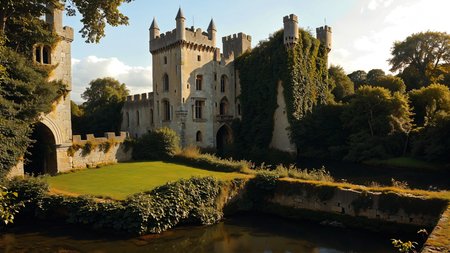 A medieval Irish castle with ivy-covered walls, where a drawbridge leads over a reflective moat,  <lora:MJ52:0.8>, Harsh Sunlight,  <lora:EnvyFeverDreamXL01a:0.7>,   <lora:The_Classic:0.8>