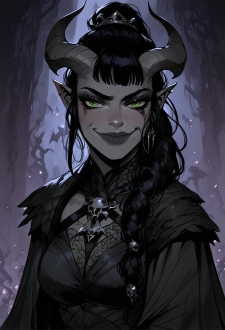 score_9, score_8_up, score_7_up, BREAK, 1woman portrait, beautiful, dramatic lights ((Succubus, Demon Girl, Succub, horns, seductive, seductive look, goth, goth girl, goth makeup, green eyes, wings, bat wings grey skin, grey colored skin, black hair, long braided ponytail, bangs, side bangs, happy, smug))
<lora:Fant5yP0ny:0.6> <lora:fantasy_world_pony:0.9>
<lora:Cherry-Gig:0.55>