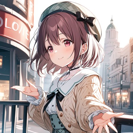 masterpiece,ibukinagisa,1girl,solo,idolylove dress,idolylove beret,looking away,outstretched hand,idolylove cardigan,smile,upper body,from side,standing,closed mouth,<lora:ibukinagisa:0.8>,outdoor,CITY,