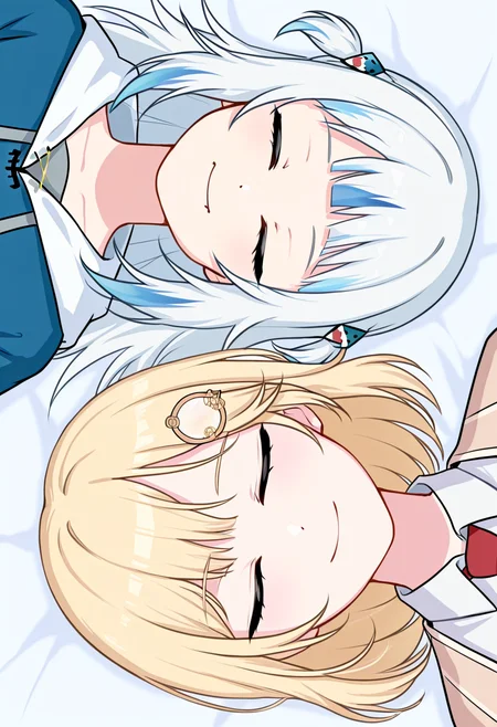 masterpiece, high quality, absurdres, lying parallel, upper body, rotational symmetry, lying, 2girls, gawr gura, watson amelia, closed mouth, smile, closed eyes, 
<lora:Lying_parallel:1>
