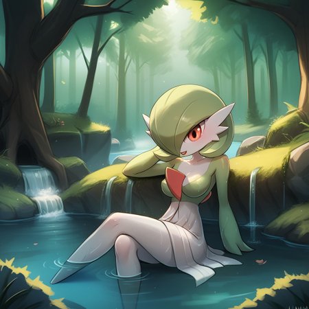 score_9, score_8_up, score_7_up, score_6_up, score_5_up, score_4_up, cartoon style,
 luminekoStyle,
cartoony style, 
1 girl, gardevoir, green_hair, green_skin, hair_over_one_eye, 
forest, river, bathing,