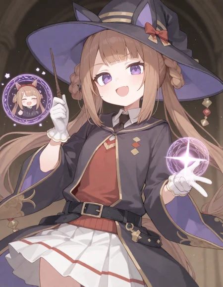 1girl, sweep tosho \(umamusume\), momoko \(momopoco\), sumiyao \(amam\), reel \(riru\), e-note, konnyaku \(kk-monmon\), ciloranko, ningen mame, wagashi \(dagashiya\), holding wand, casting spell, magic circle, 
very awa, very aesthetic, masterpiece, best quality, amazing quality, absurdres <lora:dj_sloppa_ill_v2:0.1> <lora:nyaliaXLNBVP1lokrV6311P:0.1> <lora:n_XLNBVP1lokrV6311P:0.2> <lora:ricotte2:0.2>  <lora:748cmXLNBVP1lokrV6311PZ:0.2>