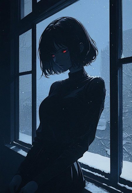 masterpiece, best quality, absurdres, DRKWB, 1girl, solo, window, from_outside, looking_outside, short_hair, red_eyes, snowing, monochrome, snow, skirt, blue_theme, closed_mouth, indoors, open_window, looking_away, windowsill