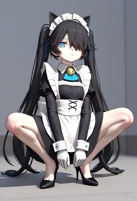 (3D),(((MMD))),(Maid-kasli), solo, white gloves, dress, hair over one eye, maid apron, blue eyes, twintails, cat ears, maid headdress, maid, gloves, 1girl, apron, juliet sleeves, long sleeves, long hair, black hair, animal ears, bell,(Fall down),(squatting down, heels touching each other, legs fully extended outward)