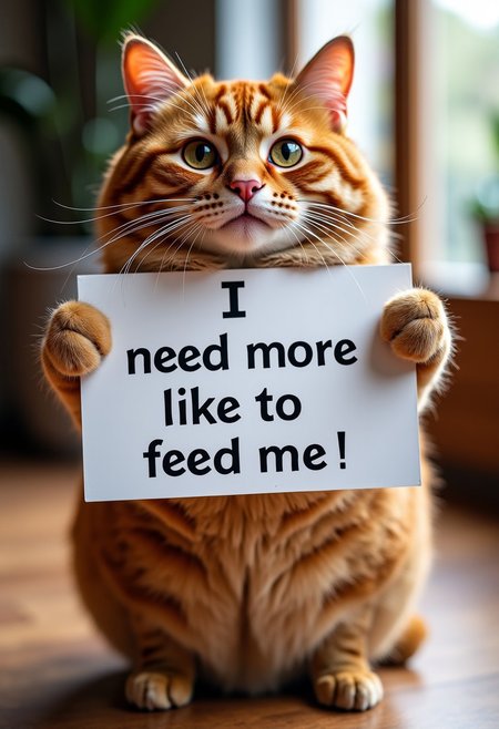 a big maine cat, holding a sign with  the text reads "I need more like to feed me",at home,realistic image