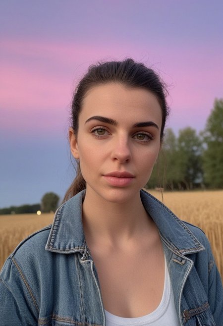 30yo american woman in a wheat field
Small eyes. Brown eyes.
Wearing ripped Denim jacket
no makeup. Clear skin.  realistic skin style
Long dark black slick back hair. No makeup. Dusk, Street light. Looking at camera POV. Slight smile, tilting head.. Tilt head. Hands in head, face, lips.
Medium Close Up shot. Bokeh. Bokeh light. Sunset. yellow, purple sky.