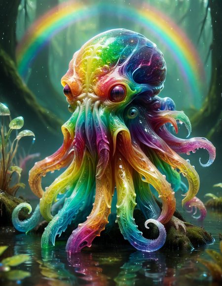 A cute colorful rainbow cthulhu, wildlife photography, in a ral-czmcrnbw swamp, 4K UHD, 8K UHD, High-definition<lora:ral-czmcrnbw-sdxl:1> ral-czmcrnbw