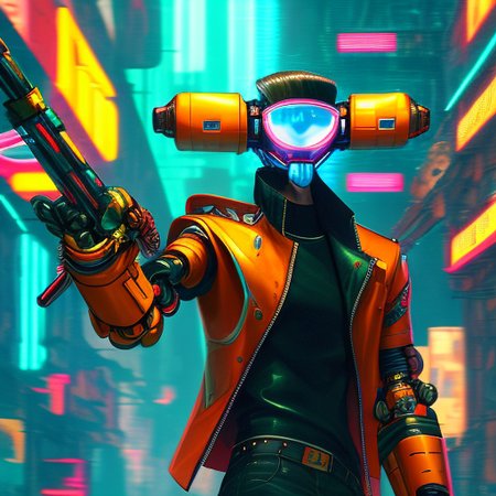 a man with orange robot arm, masterpiece composition, cyberpunk