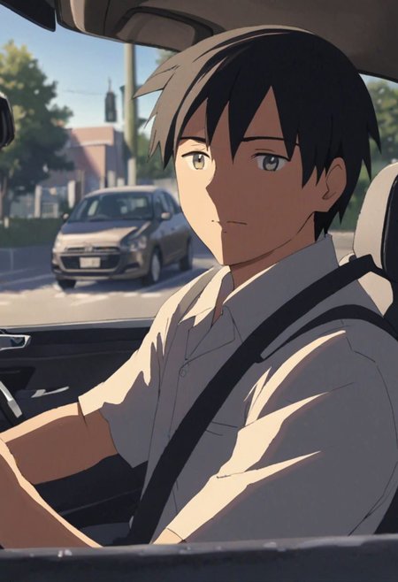Highres, Masterpiece, High Quality, 4K, 8K, solo, 1Boy, Takaki Toono, adult, black hair, short hair, driving a car, in a car, parking lot, concentration, serious, focused, tired, cheerful, sunny weather, easynegative, detailed_eye_model