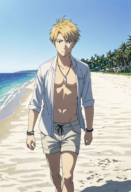 high resolution, professional photography, best quality, 1Boy, Yamato Ishida, blond hair, deep blue eyes, necklace, beach, calm, white sand, clear sky, walking, candid, open shirt, shorts, sixpack, necklace, bracelet, OverallDetail