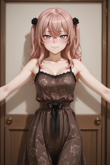 masterpiece, best quality, amazing quality, 1girl, solo, makeup, general, looking at viewer, blush, cowboy shot, smile, boutique, indoors, fancy, blush, lovely, spread arms, looking at viewer, <lora:sajuna-inui-s1-illustriousxl-lora-nochekaiser:1>, sajuna inui, inui sajuna, long hair, bangs, hair ornament, hair between eyes, pink hair, pink eyes, two side up, crossed bangs, black flower, black rose, mature female, small breasts, <lora:Mocha_Petal_Dress:1>, Mocha_Petal_Dress, dress, bare shoulders, sleeveless, bare arms, floral print, spaghetti strap, brown dress, shiny clothes, long dress, <lora:wai-2Rectified-V140:1>, <lora:illustrious_noobai_epsilon_pred_1_masterpieces_v1:1>