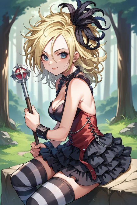 score_9, score_8_up, score_7_up, score_6_up, source_anime, 1girl, solo  <lora:dqsetia-pdxl-nvwls-v1-000005:1> dqSetia, blonde hair, curly hair, feather hair ornament, collar, black dress, cleavage, frilled dress, red corset, black and white thighhighs, striped thighhighs, bracelets, holding staff, forest, looking at you, from side, smile