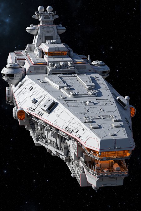 <lora:SpaceCraft_v.5:0.8> SPCCRFT style.
A high-ranking fleet capital ship in polished glacier-white and ember-red accents, set against a densely populated starfield, built with a fortress-like command tower, retractable shielding arrays, and a layered underbelly of weapon decks; the surface features micro-detail ridging, cooling latticeworks, sensor domes, and launch silos, with inner maintenance bays glowing amber-orange beneath outer armor flanges; the composition captures the ship banking into orbit, using a three-quarter perspective to showcase its mass and complexity with cinematic clarity.
