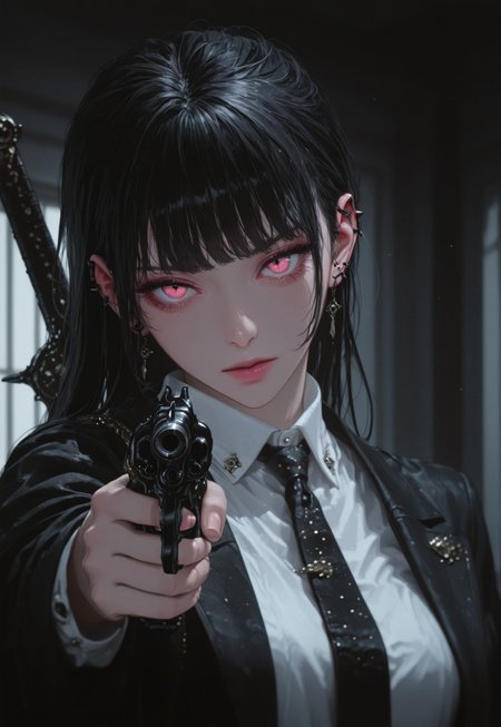 aetrns2, 1girl, solo, black hair, necktie, shirt, looking at viewer, white shirt, long hair, holding, bangs, black necktie, pink eyes, upper body, greatsword, holding, holding_gun, weapon_on_back, revolver, handgun, aiming, earrings, jewelry, collared shirt, jacket, black jacket, ear piercing, piercing, blurry, long sleeves, foreground, foreshortening, depth of field, masterpiece, best quality, beautifully drawn, elegantly detailed, 8k, newest