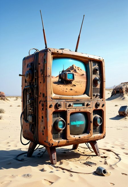 ultra high resolution, masterpiece, best quality, a sci-fi ,  desert, A (rusty) and (broken) retro TV set buried in the sand, in the style of hyper realistic photography. evi@decrepPunk, no human, post-apocalyptic
