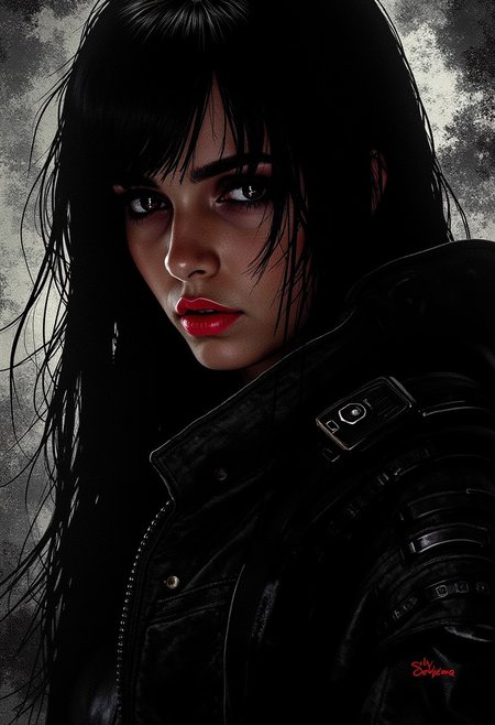 portrait of cyberpunk female warrior, long hair, dark eyeshadow, red lips, dark abstract background, silhouetted, chiascuro, light hitting one side of face, the other side in darkness, direct gaze