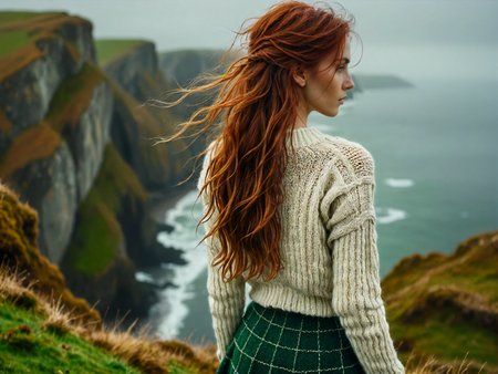 (back facing viewer:2), (analog photograph, hyperrealistic, masterpiece, 8K, soft cinematic lighting, cold|dreary atmosphere, windy:1.75), (tall woman, very long messy hair, overlooking the cliffs of Moore, tight white knitted aran sweater, short plaid green skirt:1.5), pale skin, redhead, skinny <lora:RMSDXL_Enhance:1.5>  <lora:RMSDXL_Creative:1>