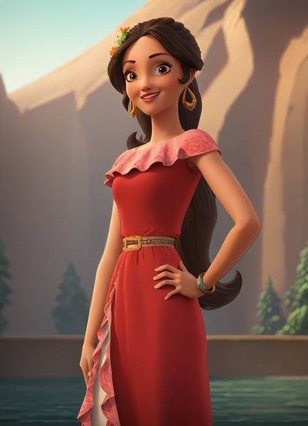 <lora:ElenaPony1.0:0.9>1girl, brown hair, solo, long hair, hoop earrings, hair flower, brown eyes,  lips, smile, makeup, bracelet, ponytail, score_9, score_8_up, score_7_up, score_6_up, score_5_up, score_4_up, looking at viewer, hand on own hip, cowboy shot,red dress, outdoors,
