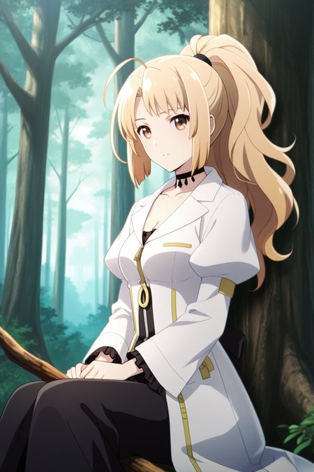 <lora:lorraine_vivie_NFB_illus:1>Japanese girl, lorraine vivie, before story, 1girl, solo, long hair, blonde hair, holding, brown eyes, sitting, ponytail, ahoge, outdoors, choker, tree, nature, forest, black frill dress, white jacket, looking at viewer, sitting on the dead tree, <lora:Add_more_details_pony:0.8>