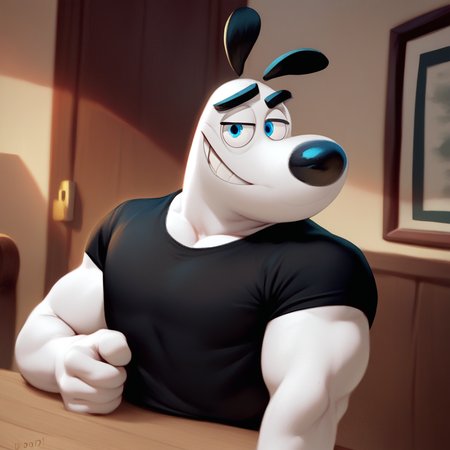 score_9_up, score_8_up, score_7_up, high quality, detailed, source_furry, male, solo male, 1boy, broad shoulders, mature male, blue eyes, athletic build, muscular male, bara, black ears, black eyebrows, animal ears, white body, big eyebrows, black shirt, round snout, bust shot, indoors, looking at viewer, smiling