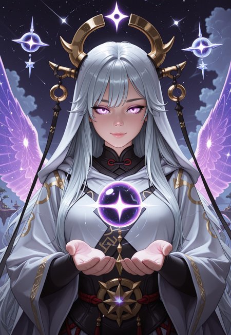 score_9, score_8_up, score_7_up, 1girl, solo, celestial guardian, ethereal robes with shimmering fabric and intricate celestial patterns, radiant staff with a glowing crystal orb at the top and celestial runes along the shaft, flowing silver hair adorned with star-shaped pendants, realistic, cinematic angle, cinematic lighting, graceful body, serene face, glowing violet eyes, protective pose
BREAK
standing on a floating island in the sky
BREAK
source_fantasy_art, rating_explicit, expressive, full body, elegant pose
BREAK
detailed beautiful background, breathtaking skyscape with floating islands and distant clouds, lush gardens with luminescent plants and crystalline formations, celestial creatures such as winged unicorns and star-shaped beings, distant galaxies and constellations, ethereal atmosphere with a sense of wonder and protection
<lora:Expressive_H:0.6>Expressiveh, (SimplepositiveXLv1:1.3), (upper body, full clothed:1.85) ((masterpiece)) (ultra realistic, 32k, masterpiece:1.2), (high detailed skin:1.1), (high quality:1.1) (((full clothed))) <lora:DandonFuga_Style_v.2_-_Pony:0.8> 
<lora:add-detail-xl:1> 
<lora:Dynamic Poses:1>