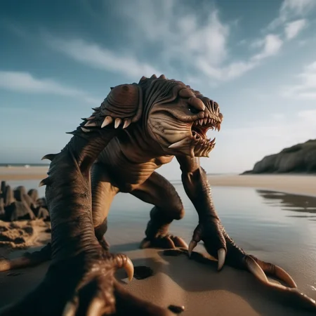 cinematic photo a full body portrait monster, claws, sharp teeth, on the beach  <lora:Rancor1024:0.8> . 35mm photograph, film, bokeh, professional, 4k, highly detailed