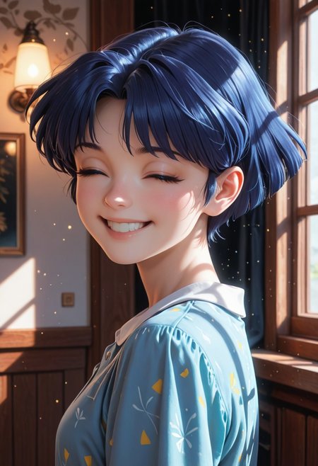 HDR, 8K, high contrast, masterpiece, best quality, amazing quality, very aesthetic, high resolution, ultra-detailed, absurdres, newest, scenery, chiaroscuro, 1girl, solo,akane_tendou, short_hair, blue_hair, cute smile,  teeth, closed eyes, , dim lighting ,looking back at viewer, dark room, face focus, head shot BREAK, detailed skin, detailed hair, photorealistic, volumetric lighting, dappled light, light particles, dramatic shadows, cinematic lighting, photo background, <lora:ponyxl\cfg_scale_boost:0.7> h4v_h0l0,