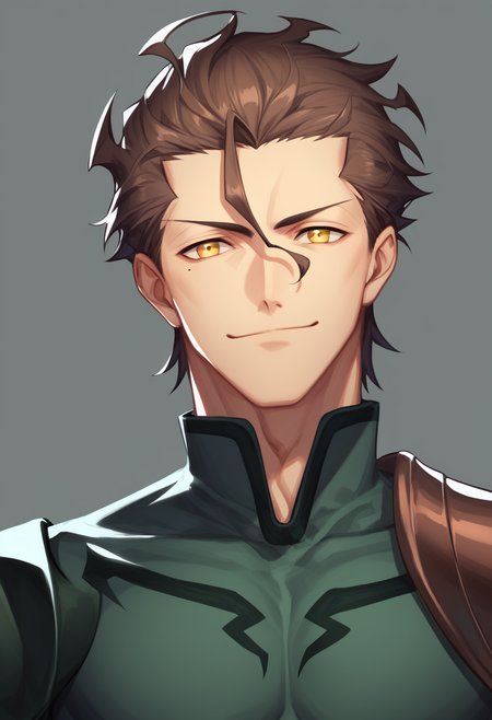 score_9,score_8_up,score_7_up,<lora:fate_zero_all:1>,1boy, character: diarmuid_ua_duibhne_(lancer)_(fate), solo, portrait, grey_background, simple_background, male_focus, smile, closed_mouth, hair_between_eyes, yellow_eyes, mole_under_eye, brown_hair, ahoge, hair_slicked_back, mole, highres, dated, signature, duplicate, pixel-perfect_duplicate