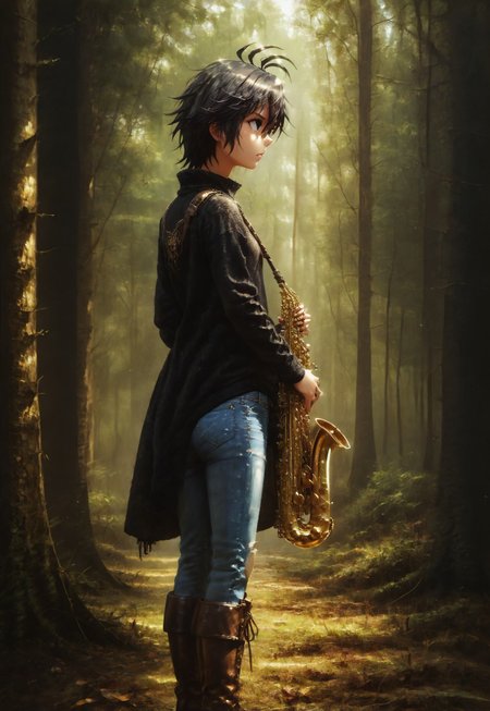 ruanyi0715, tree, dappled sunlight, overgrown, <lora:0715 dark forest_v1_pony:1> score_9, score_8_up, score_7_up, 8k, 1girl, SH_S4X, forest, instrument, solo, solo focused, thoughtful, melancholy, serene, Kikuchi Makoto is standing in jeans in forest listening to bird song looking up saxophone strapped on back, <lora:Sheeps_Saxophone:0.8> <lora:1dkXLP:0.75> 1dk, 
<lora:KikuchiMakoto_pony_v1:0.9> kkcmkt, detailed face, detailed eyes, (Kikuchi Makoto, full shot, full frame, boots:1.4), (short hair, black hair, antenna hair, hair between eyes, black eyes:1.6), flat chest, <lora:loraeyesxl:0.4> <lora:d4rk01lXLP:0.7> d4rk01l,