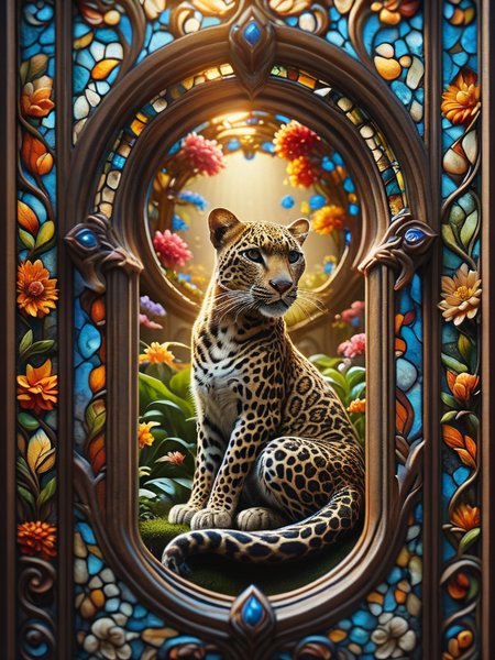 sacred, leopard, In a realm of eternal summer, a radiant garden flourishes, its sun-kissed blossoms blooming in resplendent glory, Shining through stained glass  coverd with dvrscls <lora:DonMK3yH0l3XL:1> DonMK3yH0l3XL <lora:dvrscls:1>