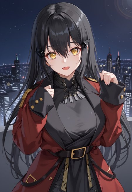 DandelionSKK, long hair, black hair, yellow eyes, griffin & kryuger military uniform, hair ornament, red coat, black belt, bangs, hair between eyes, sleeves past wrists, black dress, large breasts, long sleeves, hairclip, open coat,

looking at viewer, smile, open mouth, hands up, head tilt,

indoor, cityscape, neon lights, dark, night, night sky, 

1girl, solo, solo focus, highres, absurdres, light particles, backlighting, shade, lens flare, shiny skin, fine fabric emphasis,
