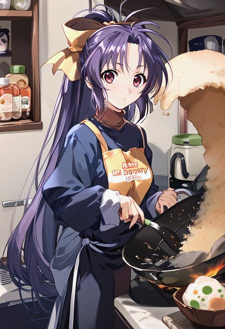 <lora:trumkuu_Pv11-000030:1>, ntrkuu, 1girl, hair bow, long hair, ponytail, purple hair, shirt, solo, turtleneck, very long hair,  <lora:FriedRicePrankMeme_XLPD:1> incrsfriedriceprankmeme, food, fried egg, frying pan, holding, kitchen, apron, high quality,, BREAK score_9, score_8_up, score_7_up, score_6_up, source_anime, best quality,