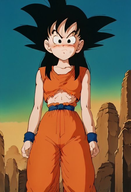 score_9, score_8_up, score_7_up, zPDXLpg, dbstyle, 1girl, solo, GGoku , black hair, black eyes, big eyeballs , spiked hair , long hair , eyelash , lips , cute , blush , medium breast , wide hips, narrow waist, Torn clothes, orange dougi, blue sash, blue wristband, sleeveless , orange pants, orange topwear,  blue undershirt, frown, angry, closed_mouth, low angle, fullbody shot, looking down at viewer, outdoors, blue sky, sun, desert