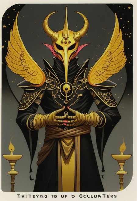 dark grey background, art déco, occultist, antiquarian, ((male tiefling)), byzanthine man in black and yellow robes, (ornate censer), ((man wearing golden ibis mask)), (((man wearing turban))), ((upwards shoulder pads)), golden horns, golden wings