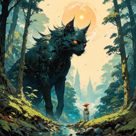 The image is an hand-drawn illustration of a giant black cat with large orange eyes standing in a forest. The cat is facing towards the right side of the image, with its head turned towards the viewer. The background is filled with tall trees and shrubs, and there is a large orange sun in the top right corner. The sky is a pale yellow color, and a few birds can be seen flying in the distance. In front of the cat, there are two small people, one wearing a red hat and the other wearing a white dress, standing on a hill. The overall mood of the illustration is peaceful and serene. artwork drawing