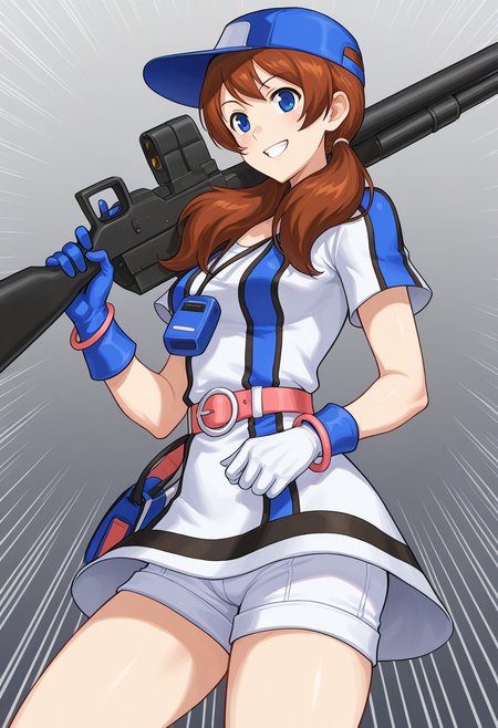masterpiece, best quality, ultra-detailed, absurdres, newest, 1girl, solo, aingbc, brown hair, long hair, low twintails, blue eyes, baseball cap, multicolored dress, short sleeves, neo geo pocket color necklace, blue gloves, white gloves, bracelet, belt, white shorts under dress, holding rifle, grin, confident smile, emphasis lines,