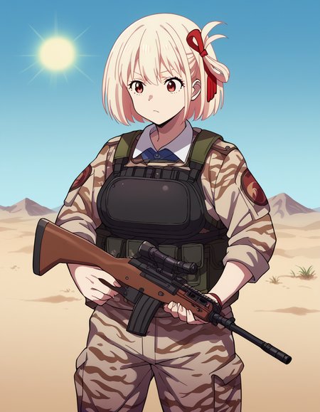 score_9, score_8_up, score_7_up, source_anime, chisatonishikigi, <lora:chisato-nishikigi-s1-ponyxl-lora-nochekaiser:1>, chisato nishikigi, short hair, bangs, blonde hair, red eyes, hair ribbon, one side up, bob cut, large breasts,, <lora:military-combat-uniform-ponyxl-lora-nochekaiser:1> military combat uniform, camouflage jacket, camouflage, load bearing best, camouflage pants, soldier, bulletproof vest, combat helmet, assault rifle, rifle,, desert, sun, blue sky,, cowboy shot,